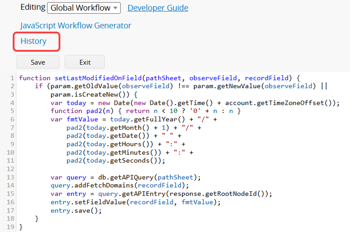 Global workflow history button