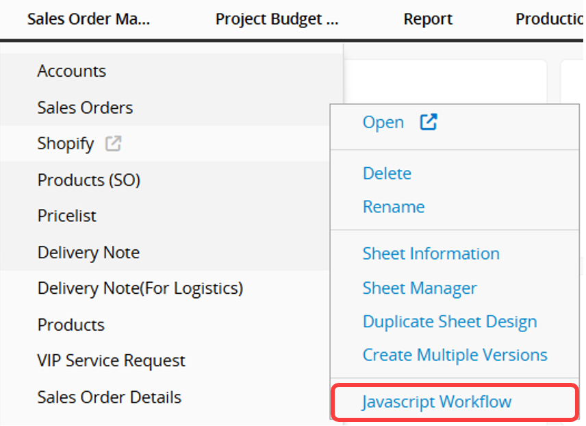 Select Javascript Workflow menu