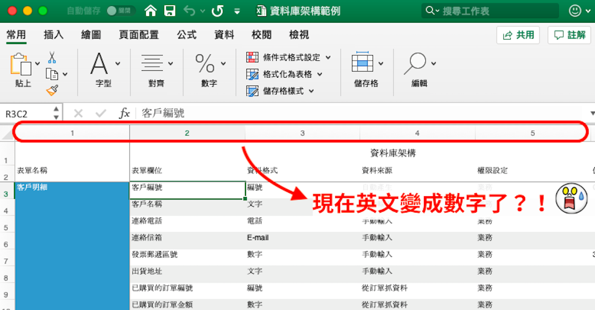 為什麼 Excel 檔原本的英文 A,B,C 欄變成數字 1,2,3了？如何修改？ Icon