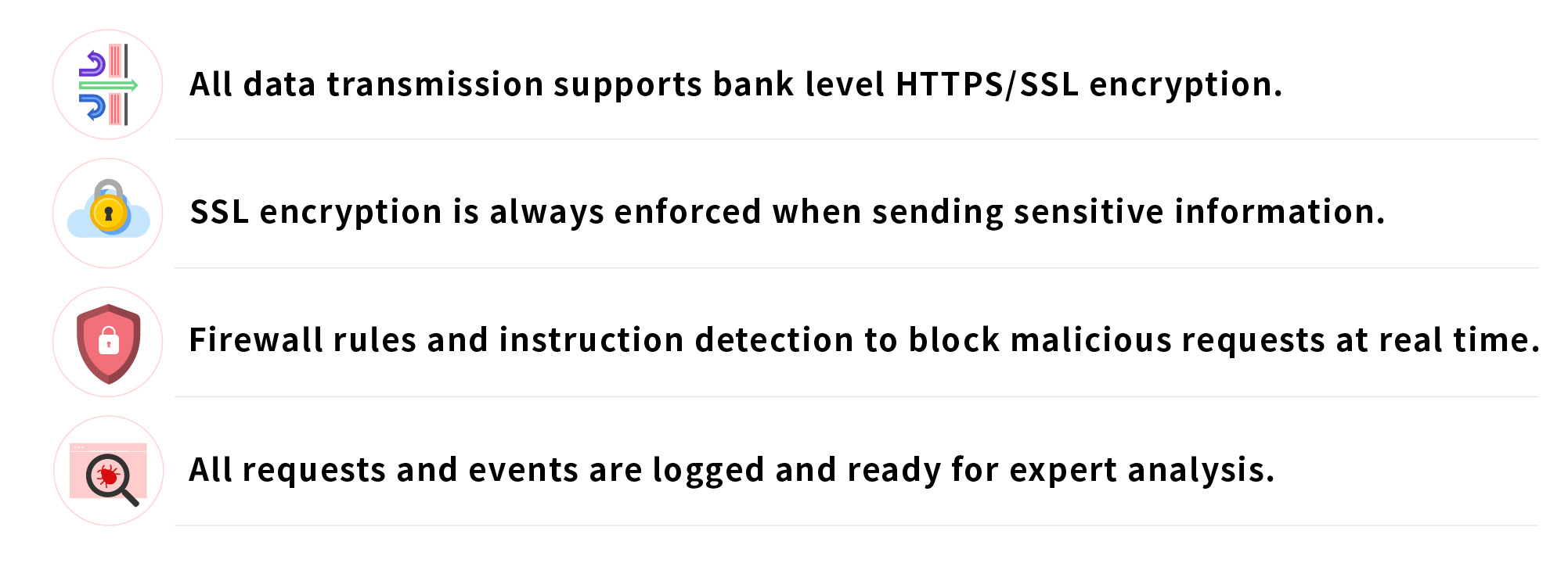 All data transmission supports bank level HTTPS/SSL encryption. SSL encryption is always enforced when sending sensitive information. Packets sent to servers will go through a series of strict firewall rules and application level intrusion detection and blocking program to stop malicious requests and IP at real time. All requests, system events, application events, database events are logged and ready for expert analysis.