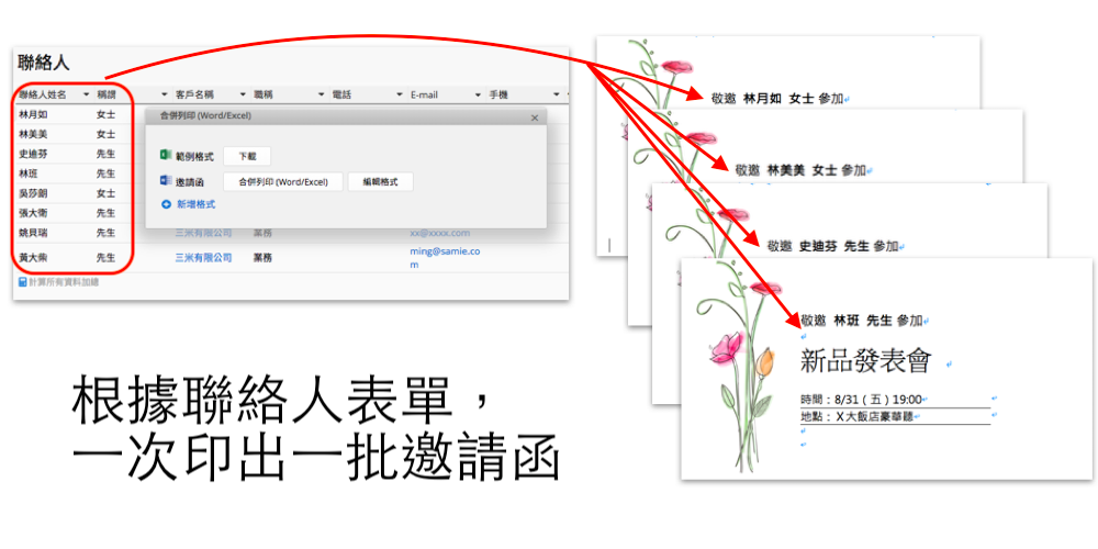 根據聯絡人表單，一次印出一批邀請函