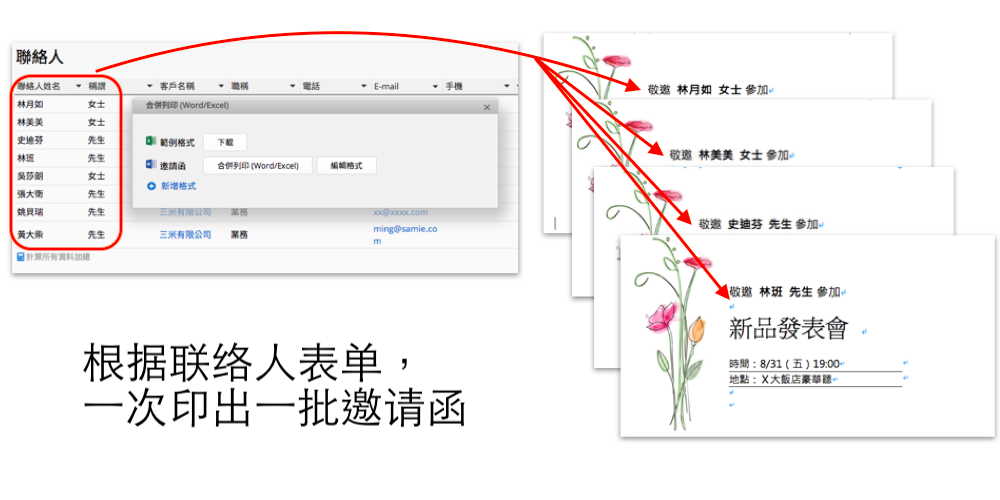 根据联络人表单，一次印出一批邀请函