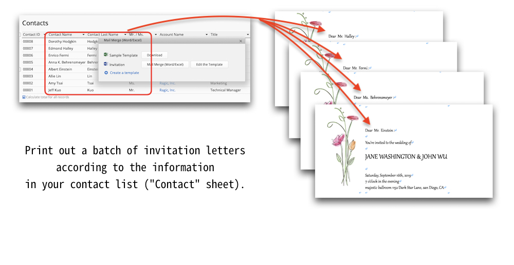 Print out a batch of invitation letters according to the information in your contact list (