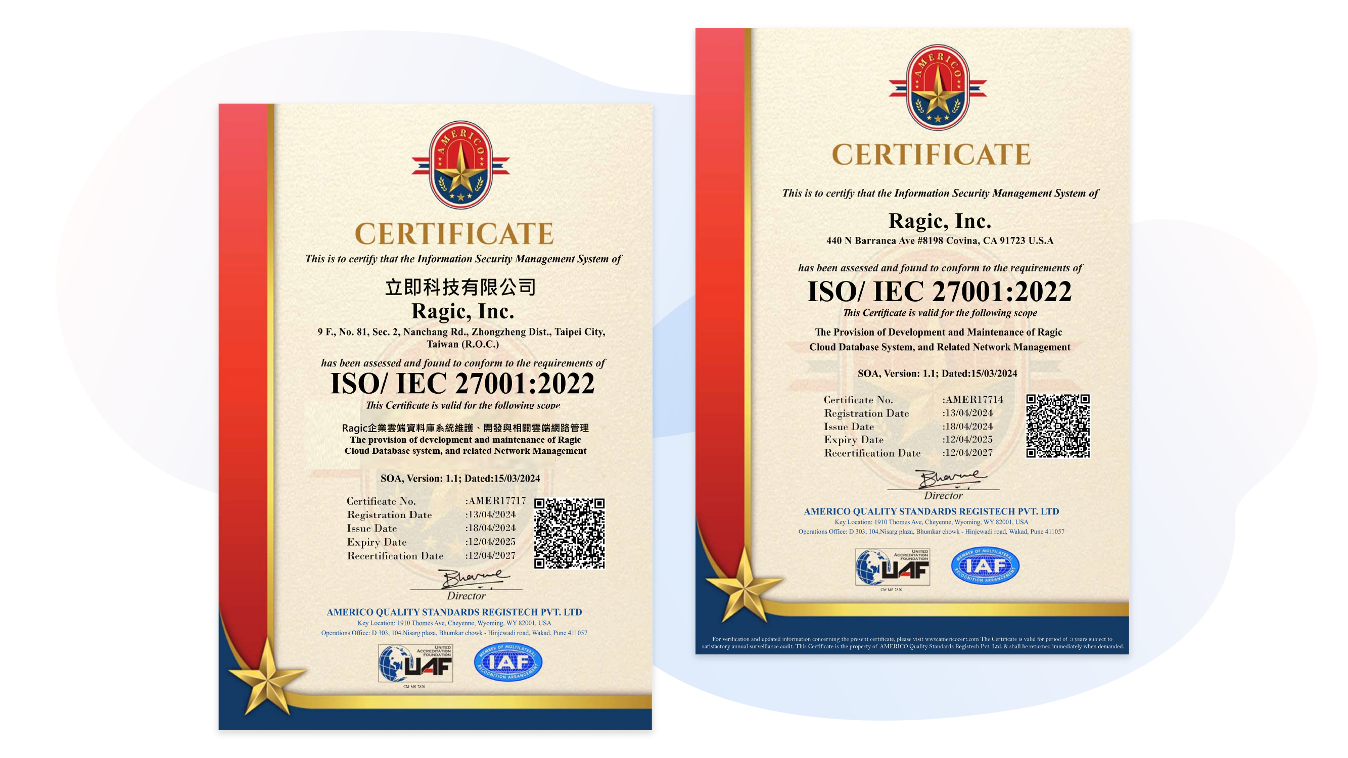 通過 ISO/IEC 27001
Ragic 已取得 ISO/IEC 27001：2022 認證，遵循相關資安流程。