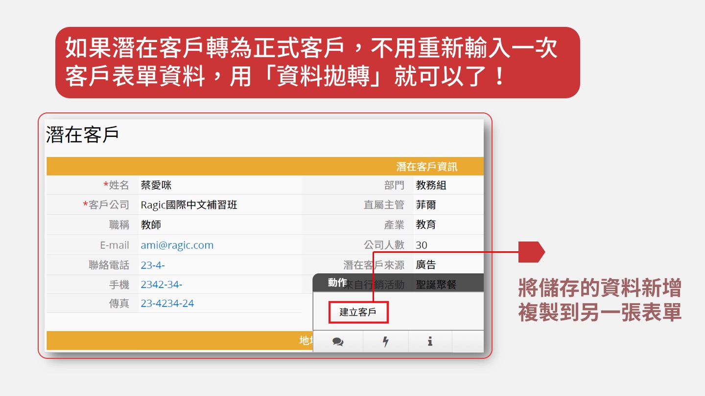 如果潛在客戶轉為正式客戶，不用重新輸入一次客戶資料，資料拋轉就可以了