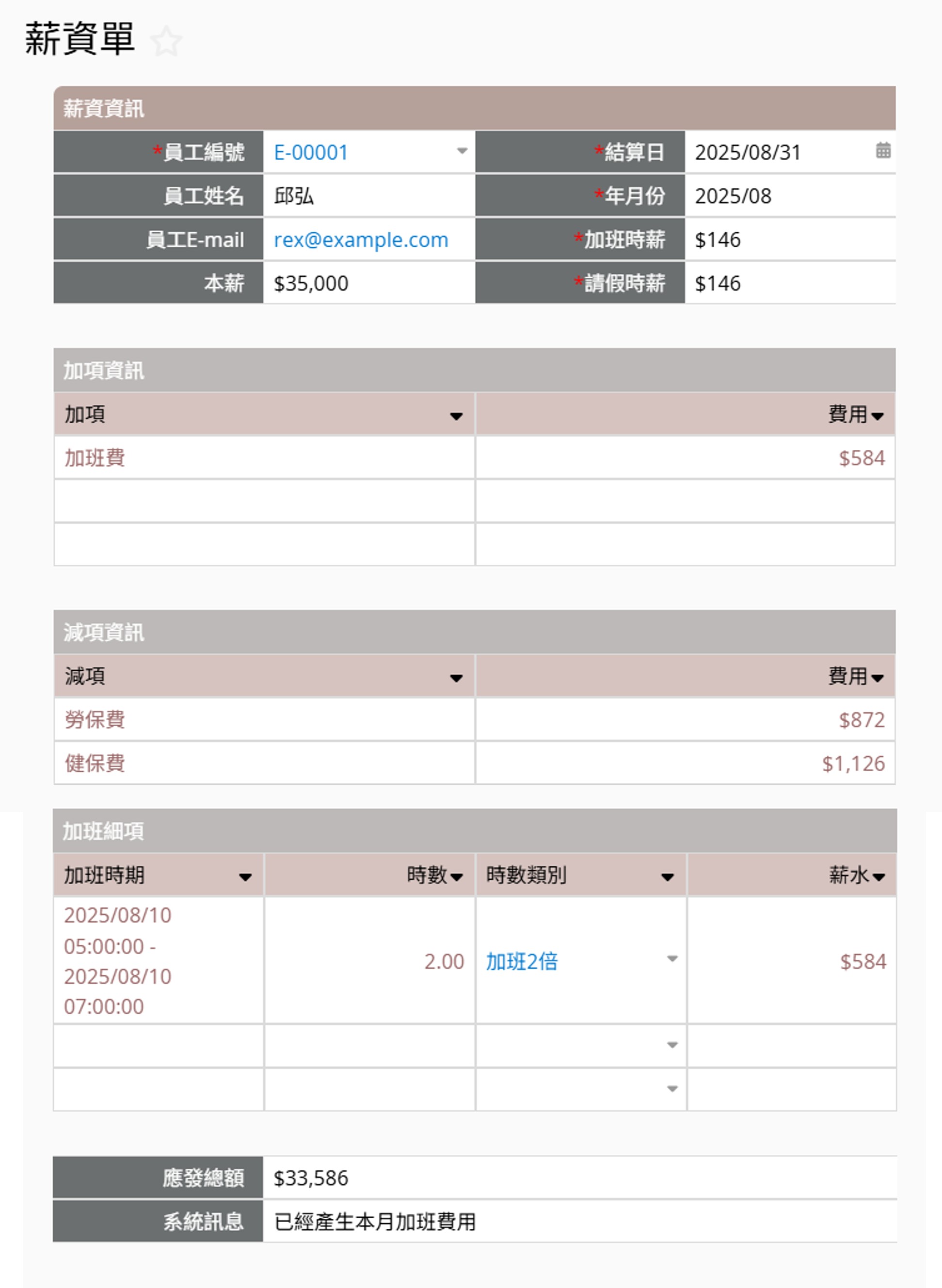 薪酬管理<br>
加班費、請假扣薪、代墊款都自動算好，薪資單一鍵產出