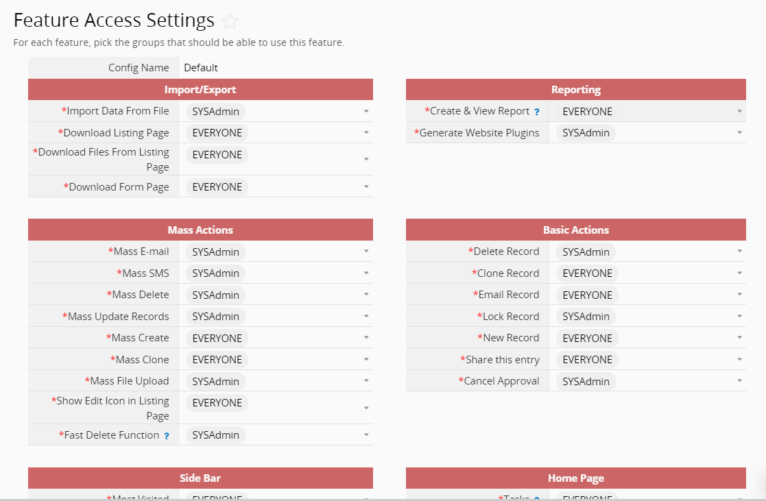 Feature Access Settings