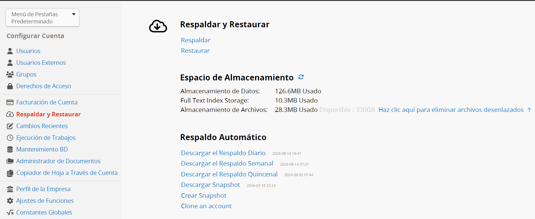 Respaldo de la base de datos de la cuenta