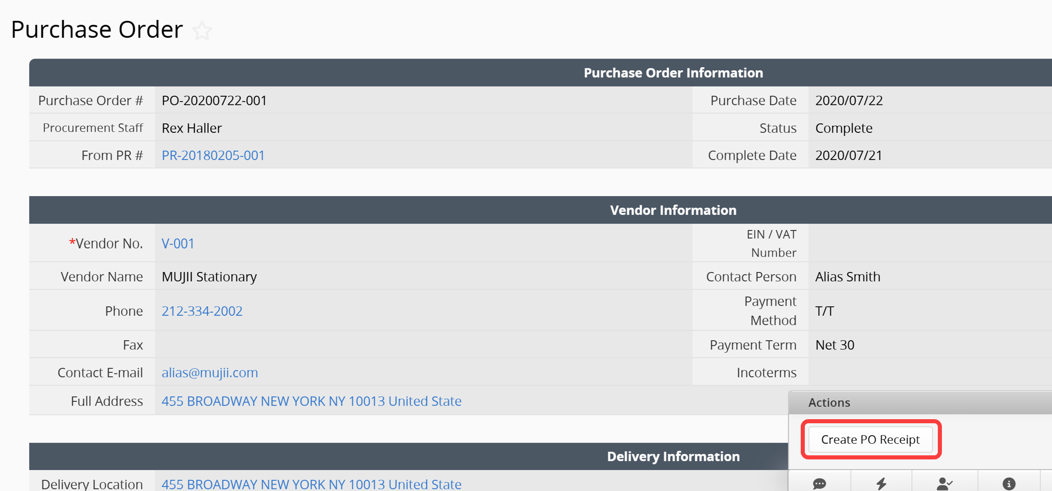 Convert purchase order to PO receipt with one click