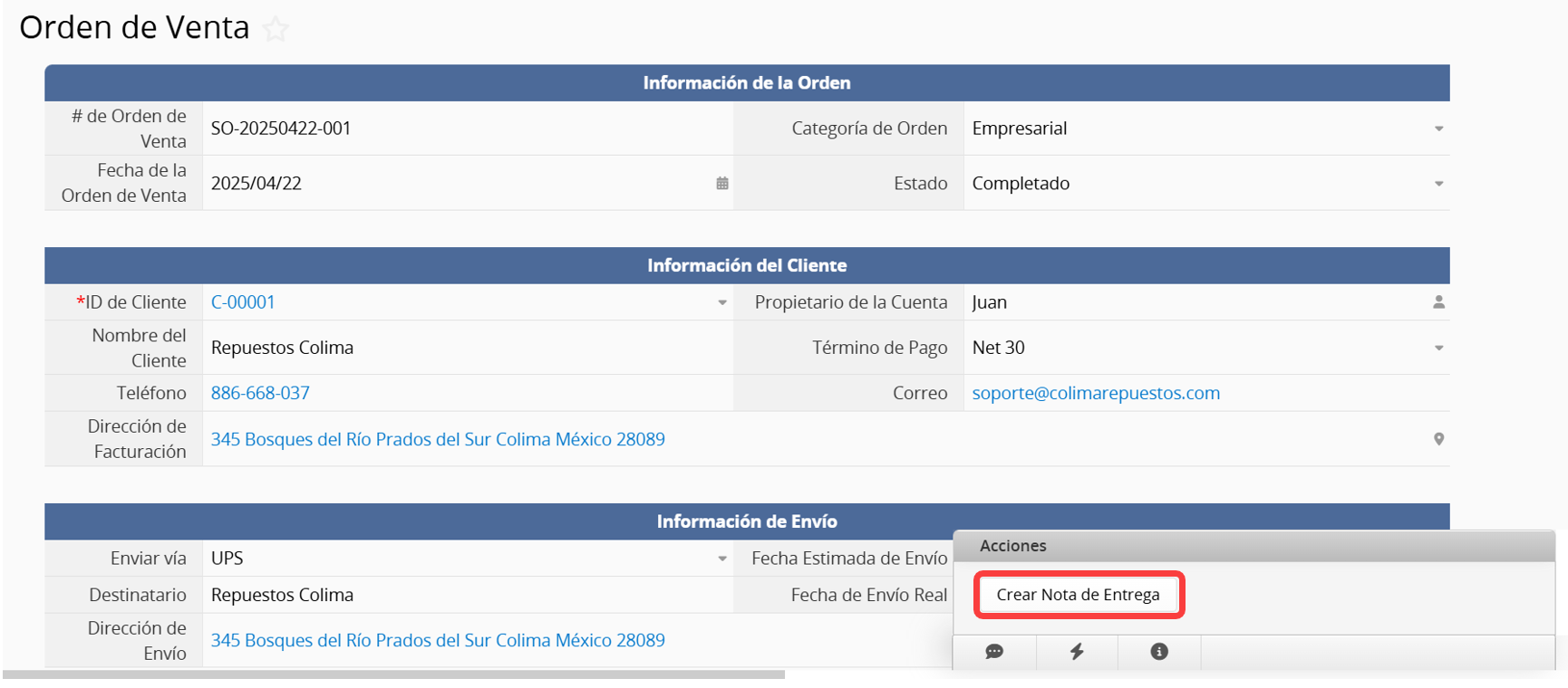 Convierte una orden de venta en una nota de entrega con un solo clic