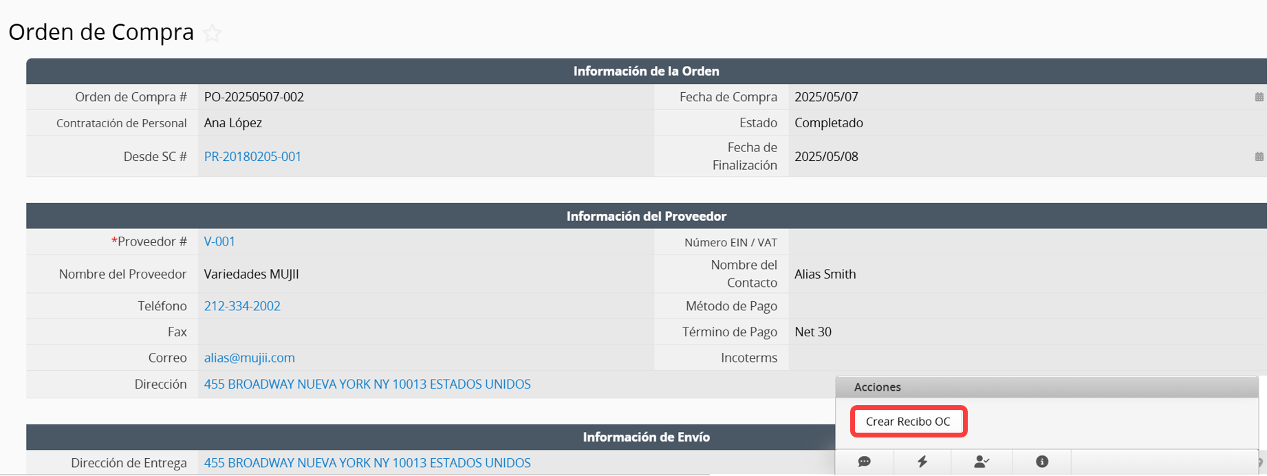 Convierte una orden de compra en un recibo OC con un solo clic