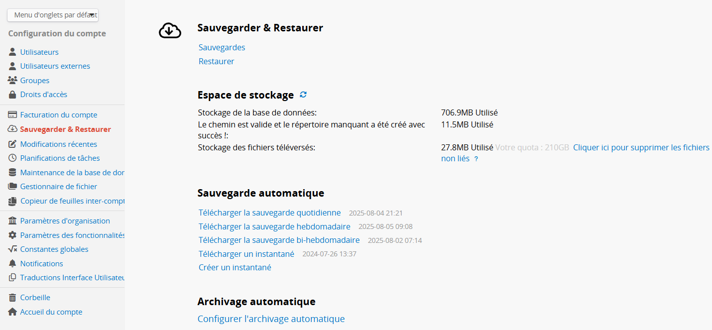 Sauvegardes des comptes de base de données