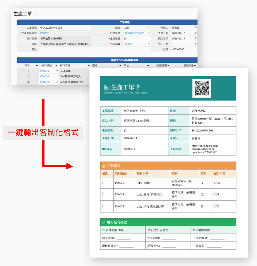 各類生產單據一鍵輸出成客製化格式