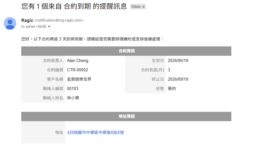 合約到期提醒