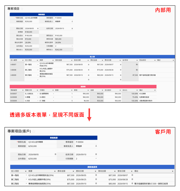 同一份專案資料，給客戶看的版本自動隱藏成本