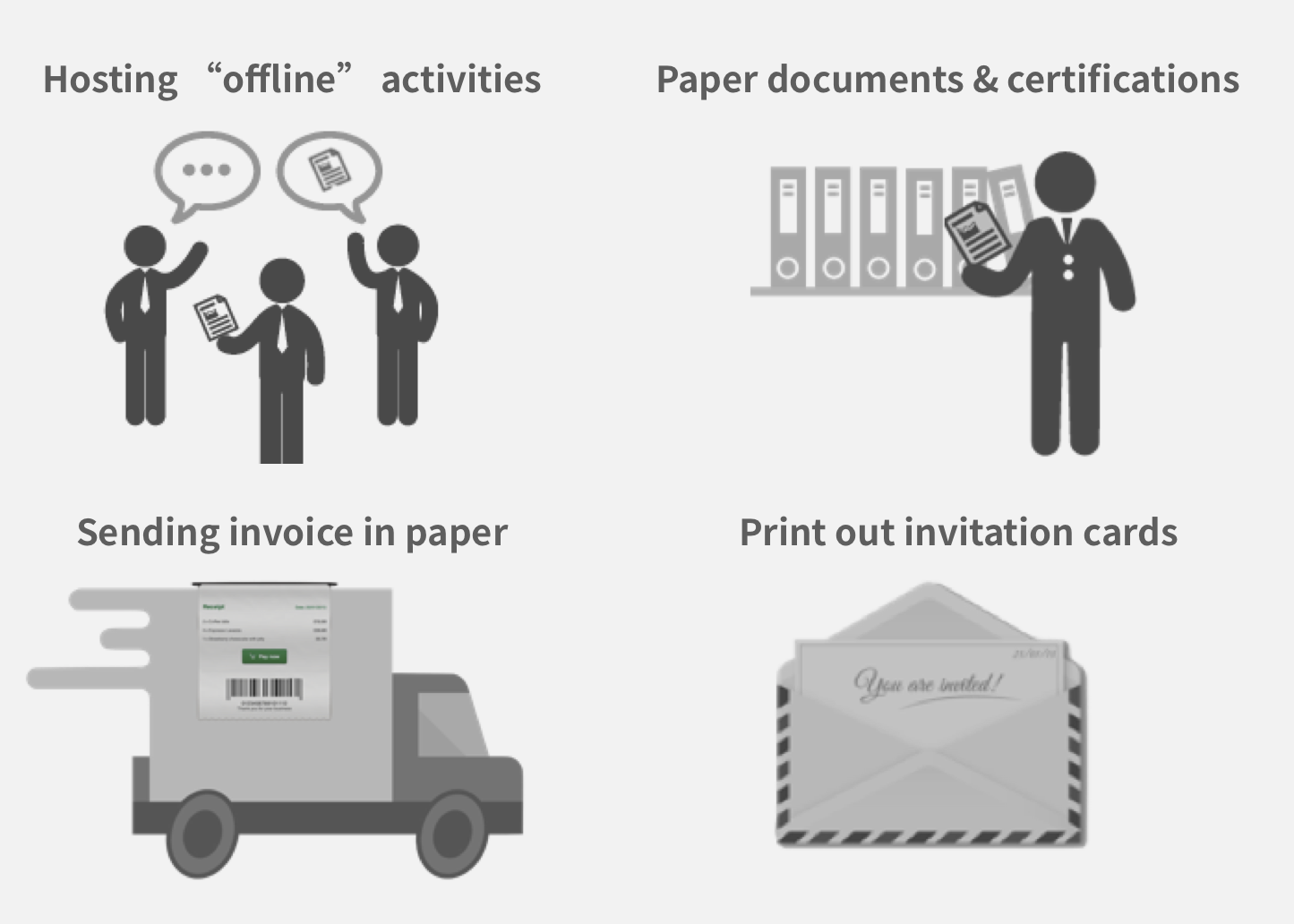 Hosting “offline” activities; Paper documents & certifications; Sending invoice in paper; Print out invitation cards