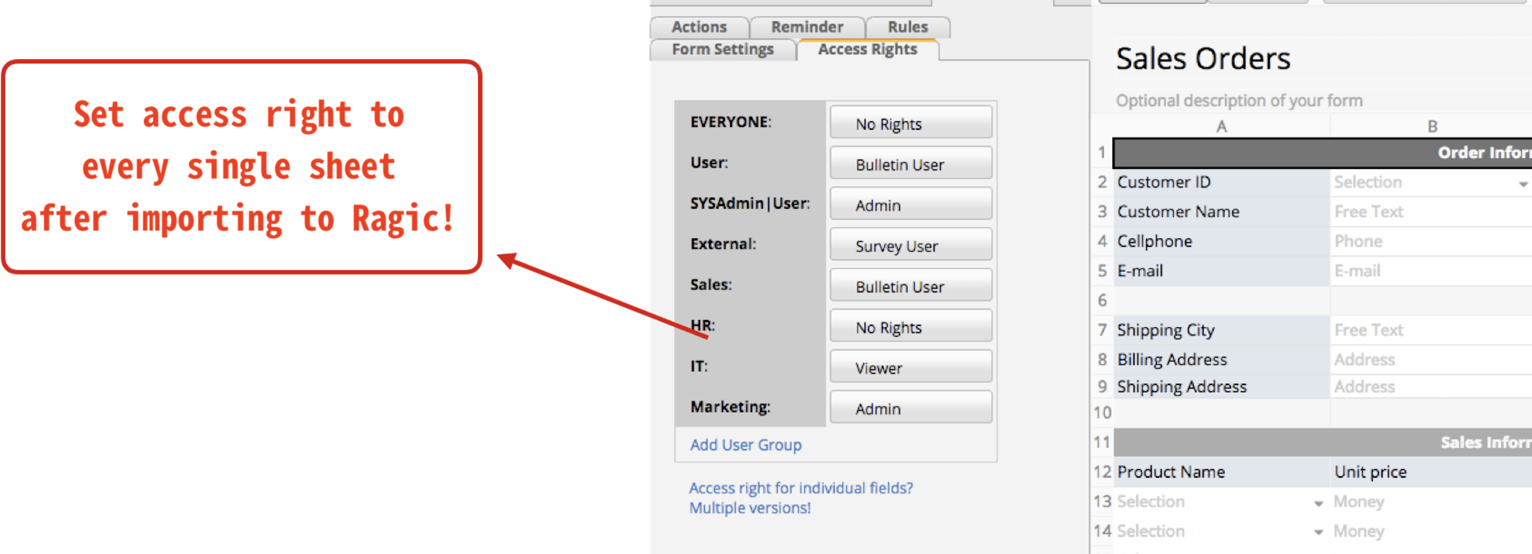 Set access right to every single sheet after importing to Ragic!