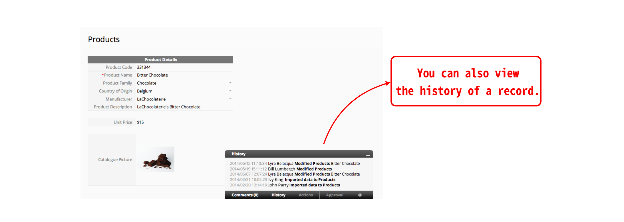 You can also view the history of a record.