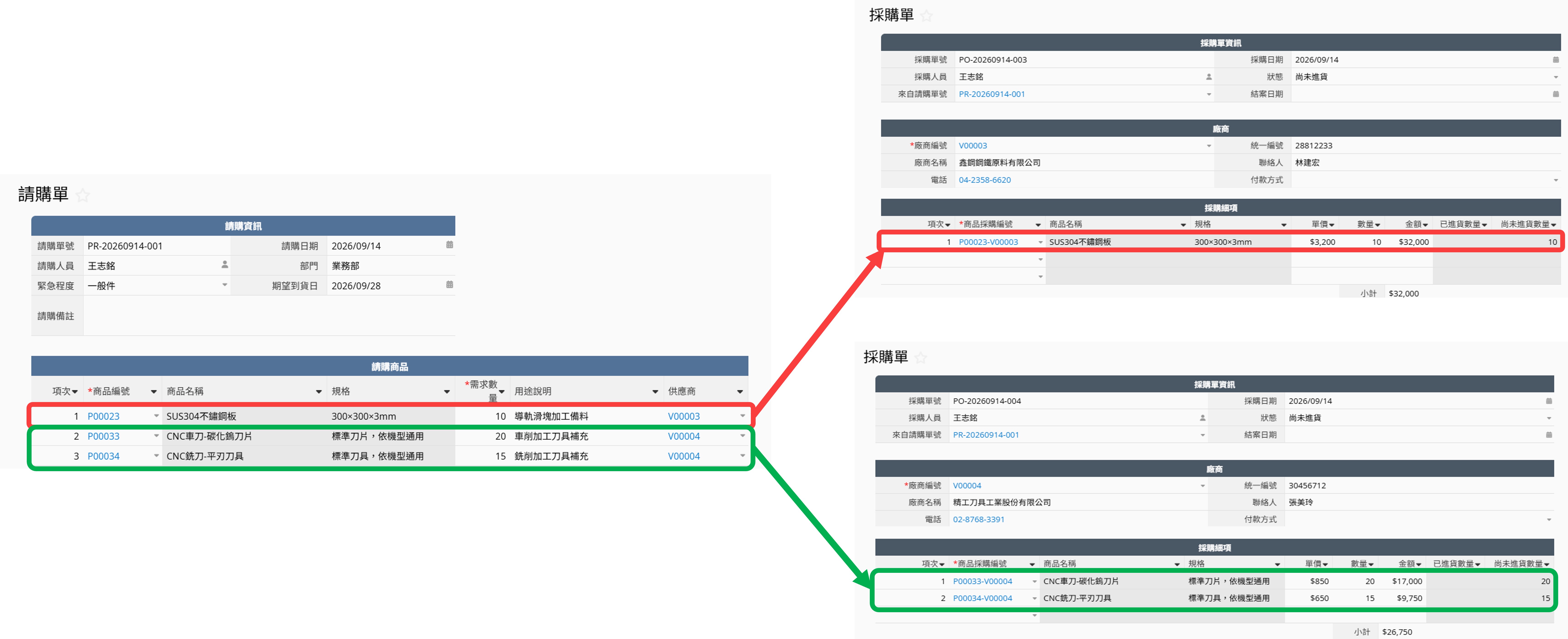 請購單一鍵自動依供應商拆單